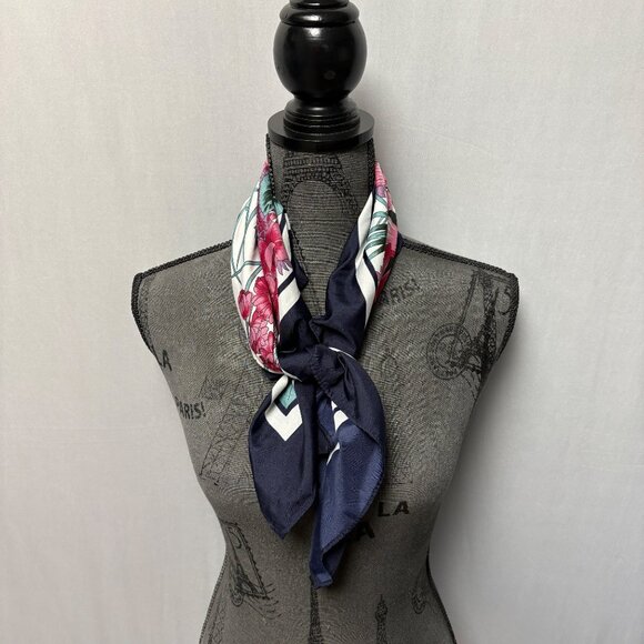 Overseas Advantage Polyester Square Scarf Silky Pink Green Floral Navy Vintage - Picture 3 of 8